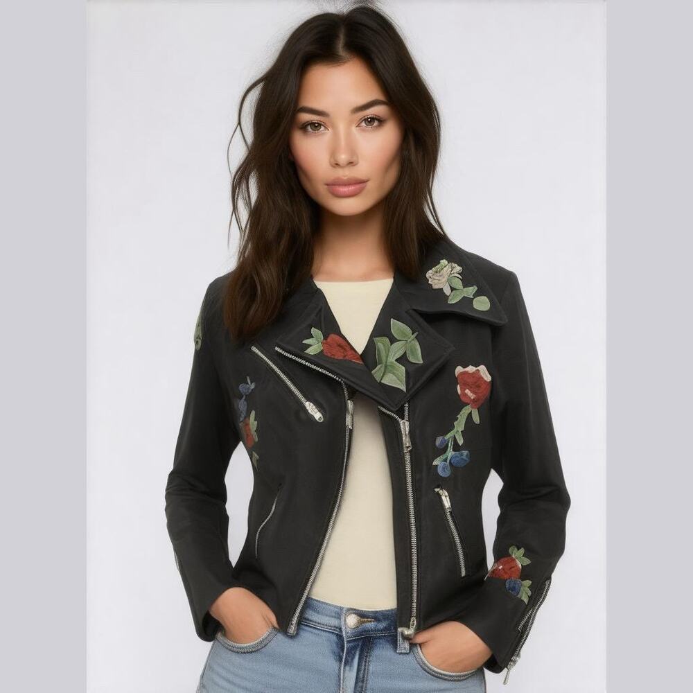 Olivaceous Black Faux Leather Embroidered Floral Asym Zip Retro Moto Jacket L